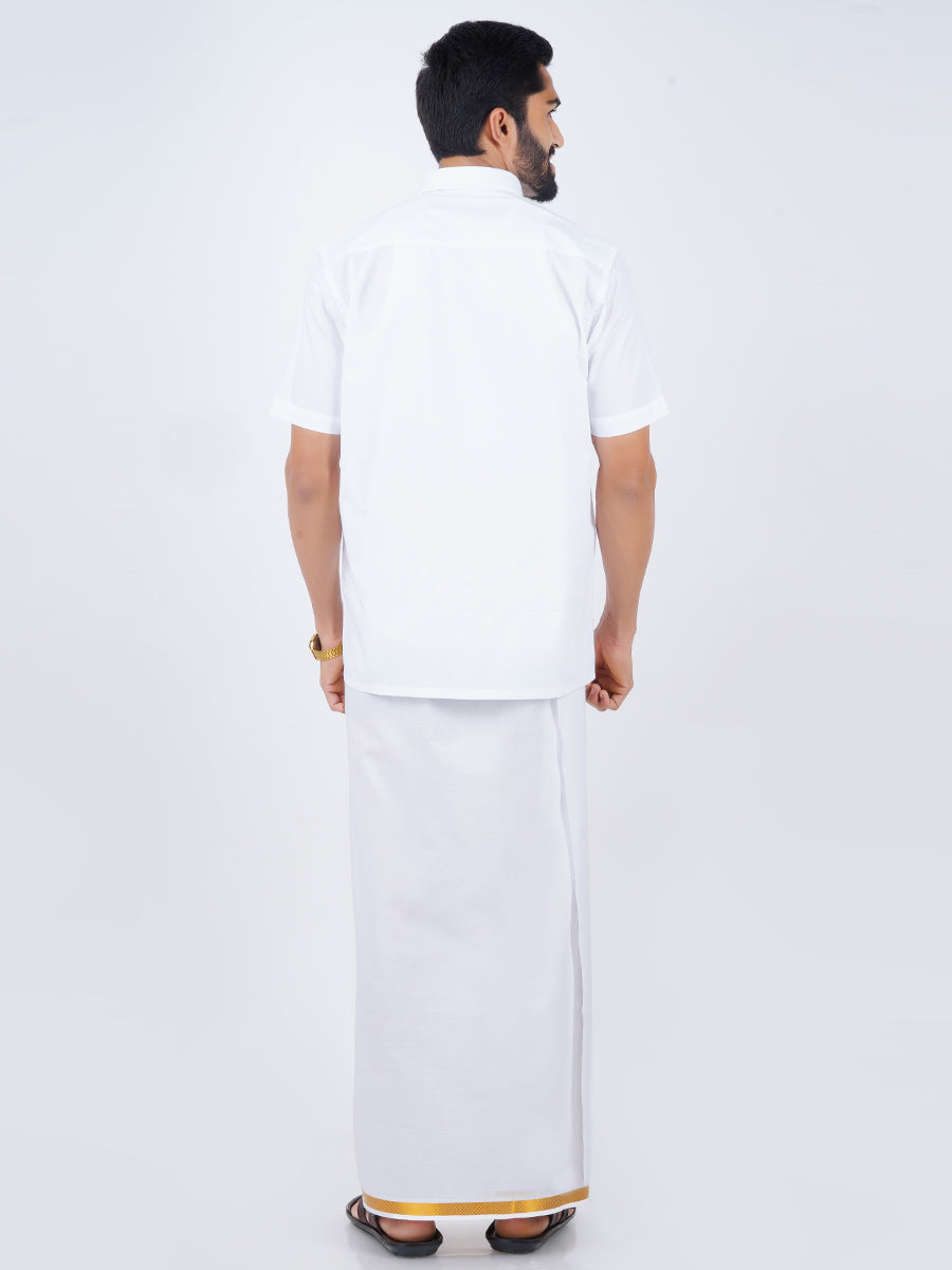 Mens Cotton White Half Sleeves Shirt with 3/4"Jari Dhoti-Back view