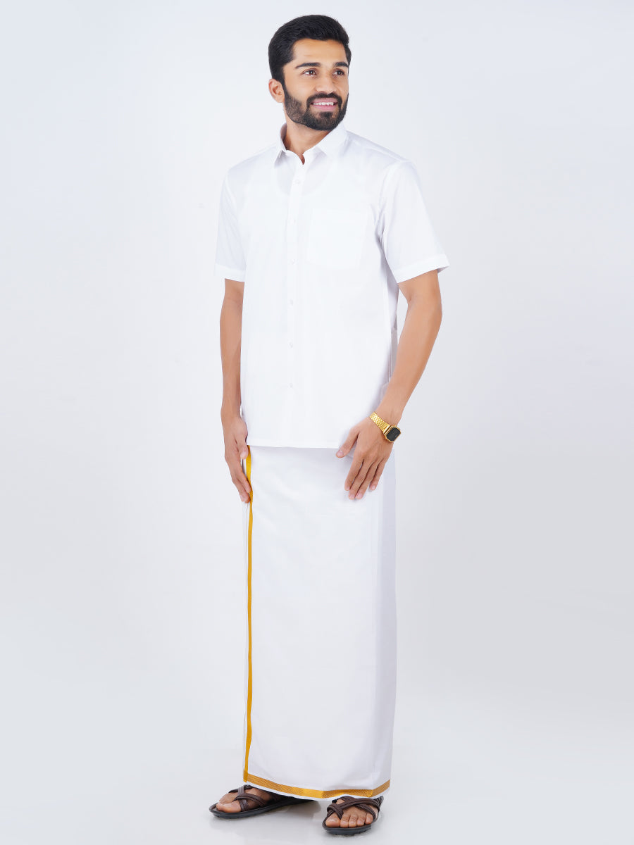 Mens Cotton White Half Sleeves Shirt with 3/4"Jari Dhoti-Front view