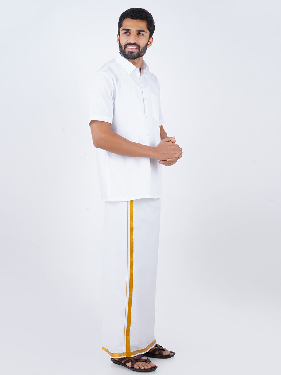 Mens White Half Sleeves Shirt & Single Dhoti with Gold Jari Combo-Side view