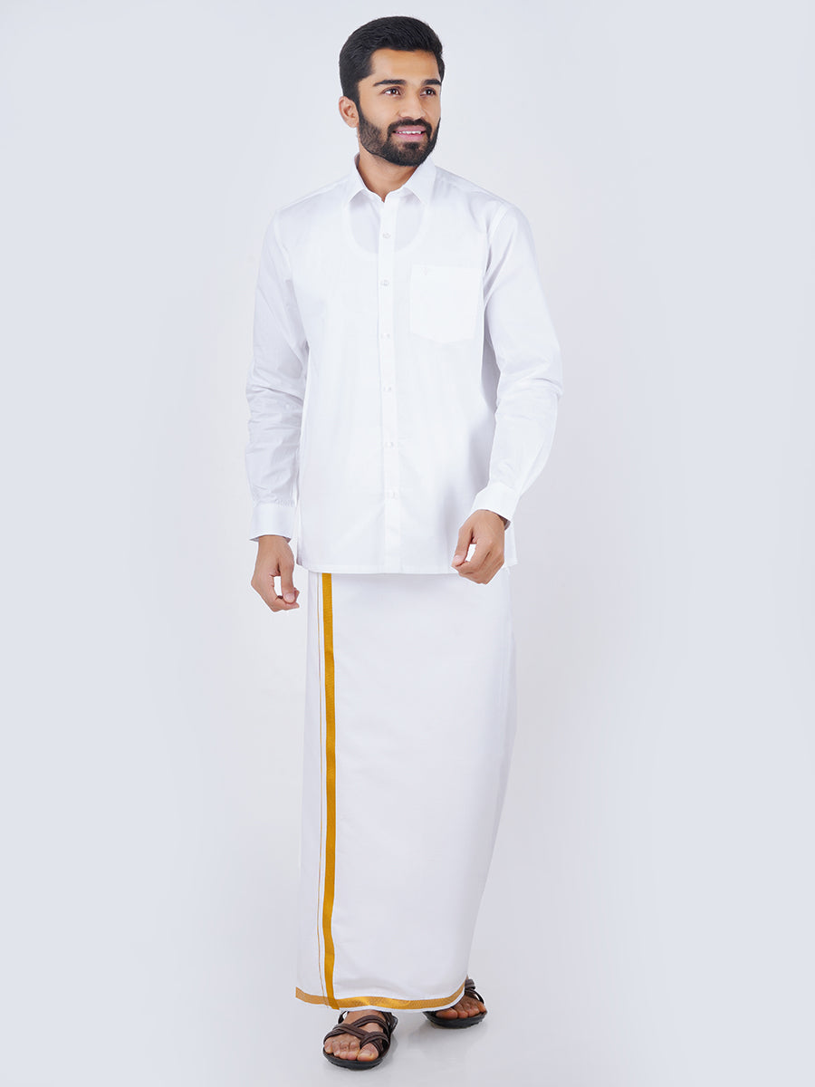 Mens White Full Sleeves Shirt & Single Dhoti with Gold Jari Combo