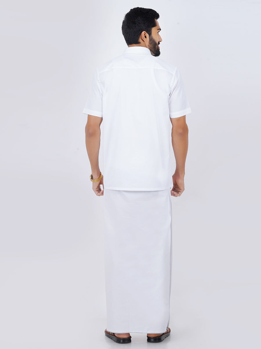 Mens Cotton White Half Sleeves Shirt with Small Border Dhoti Combo-Back view