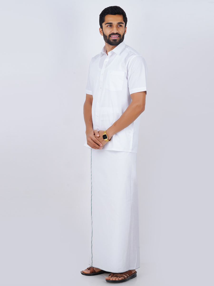 Mens Cotton White Half Sleeves Shirt with Small Border Dhoti Combo=Side alternative view