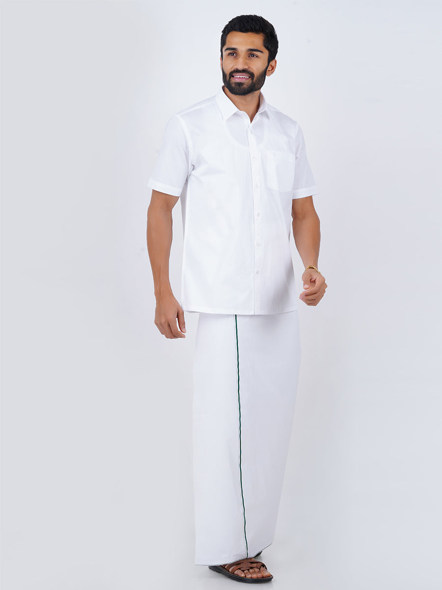 Mens Cotton White Half Sleeves Shirt with Small Border Dhoti Combo-Side view
