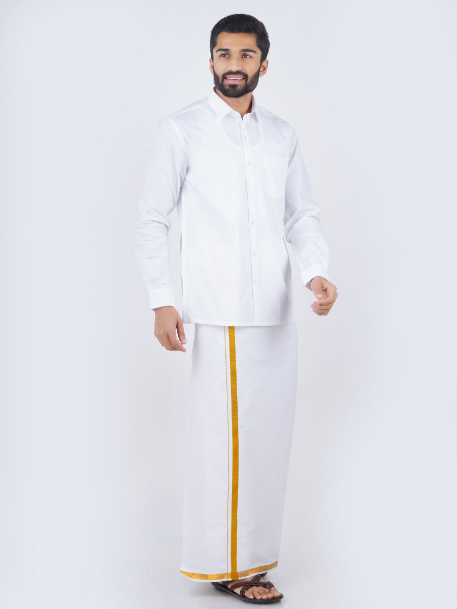Mens White Full Sleeves Shirt & Single Dhoti with Gold Jari Combo-Front view