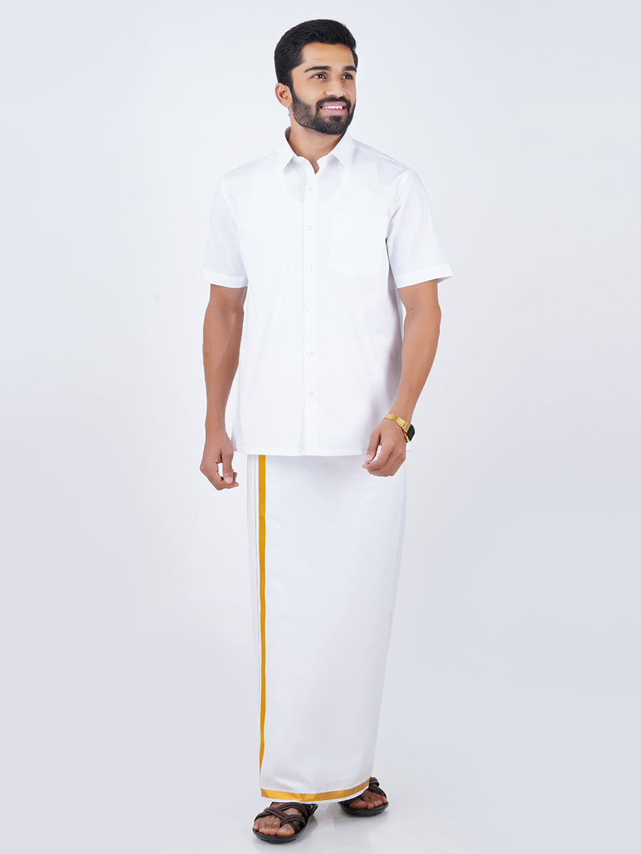 Mens White Half Sleeves Shirt & Single Dhoti with Gold Jari Combo