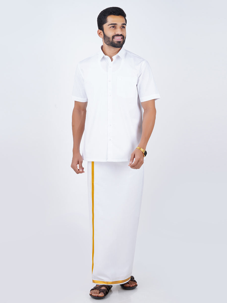 Mens Cotton White Shirt Bit with 3/4" Gold Jari Dhoti Combo Pilot Soft-Front view