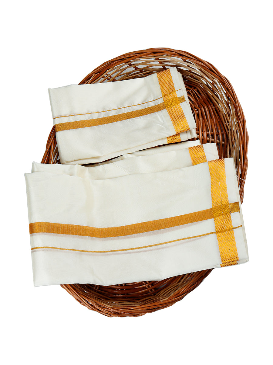 Mens Cream Double Dhoti +Towel Set with Gold Jari Amirtha Yoga 3/4-View one