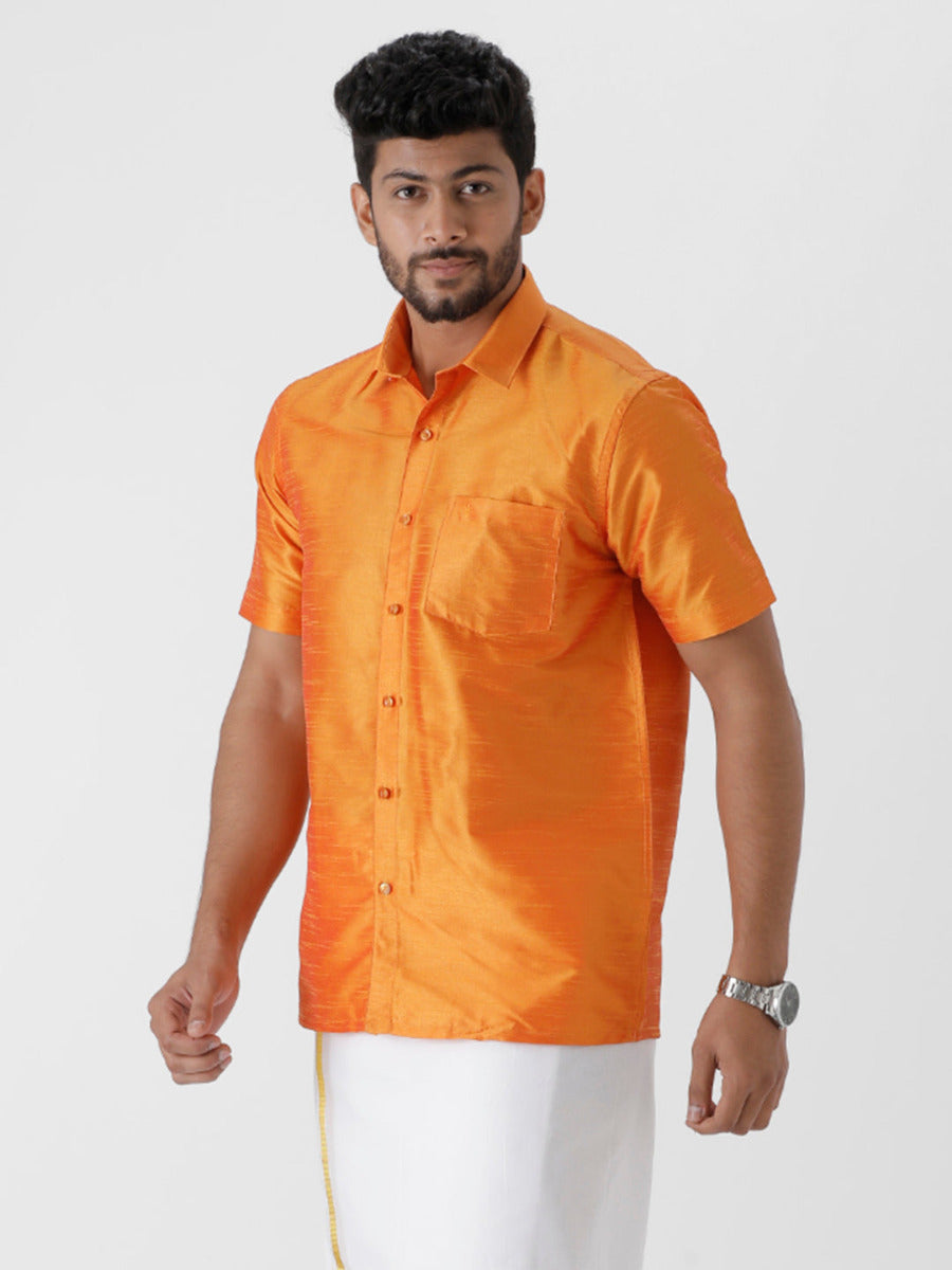 Mens Solid Fancy Half Sleeves Shirt Orange-Side view
