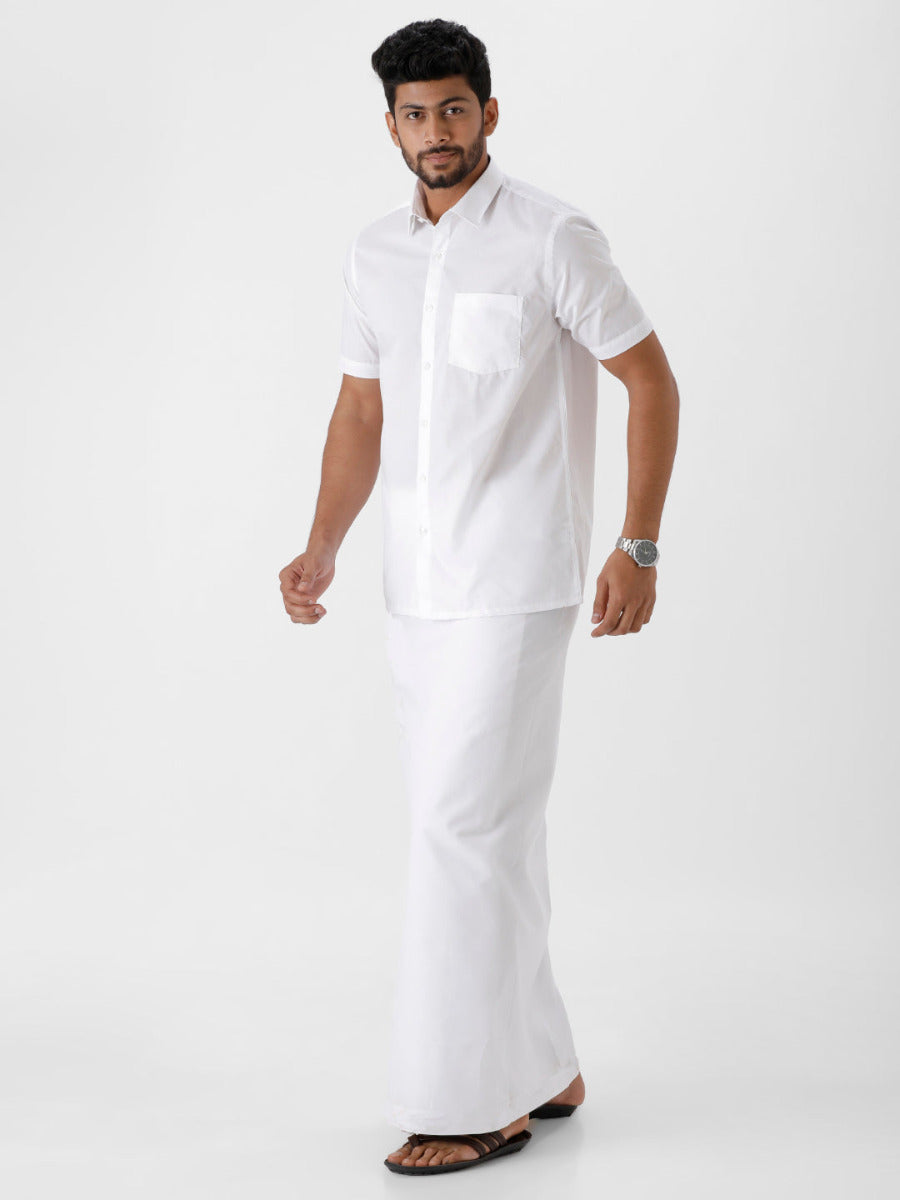 Mens Cotton White Half Sleeve Shirt with Paramas Dhoti Combo-Side view