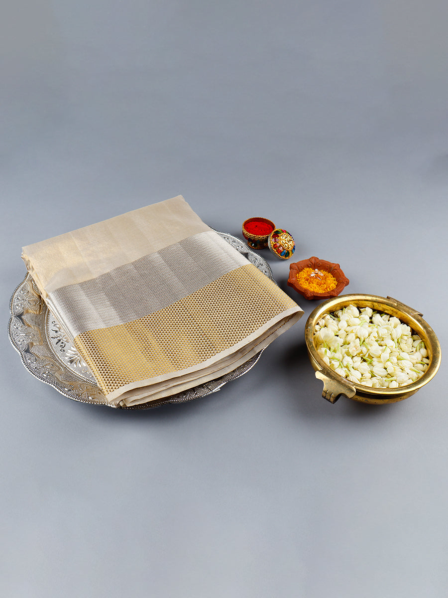 Premium Pure Silk Tissue Dhoti With Angavastram Agarshana 7 1/2" Silver Gold Jari Border-View two