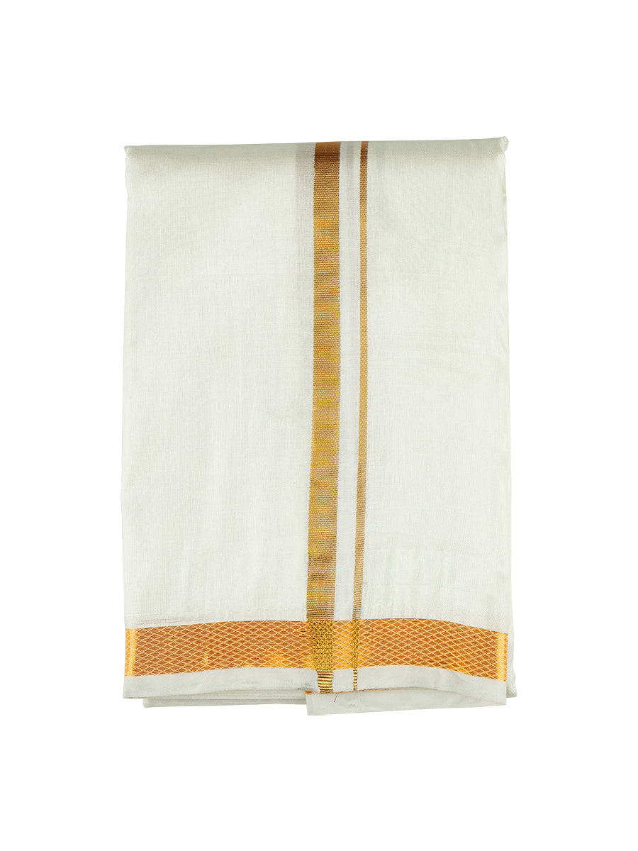 Mens Cream Double Dhoti +Towel Set with 3/4'' Gold Jari Soft Silk