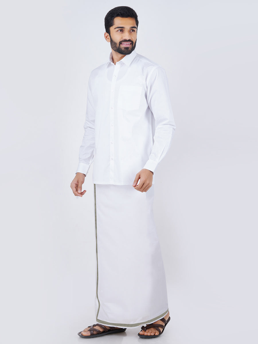 White Full Sleeve Shirt with Silver Jari 3/4" Dhoti Combo Silver Storm