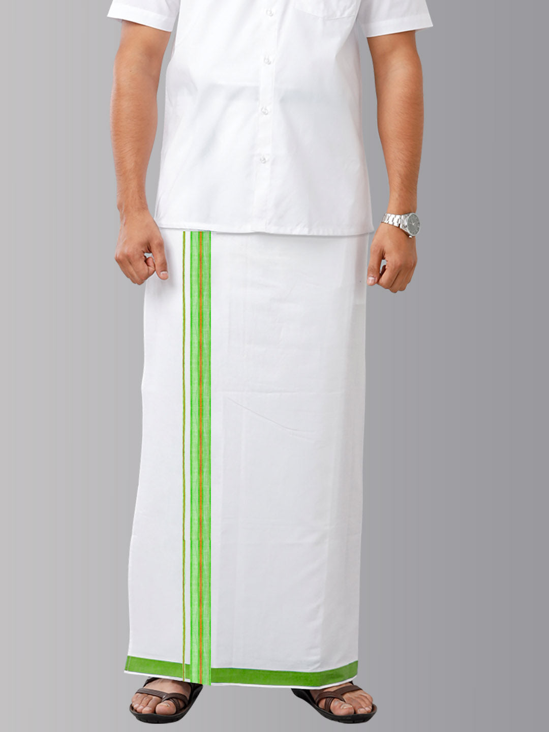 Men Green Fancy Border Readymade Adjustable Double Dhoti White