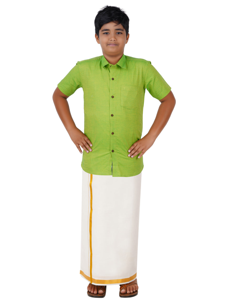 Boys Giza Cotton Shirt & White Dhoti Set Green GL2-Front view