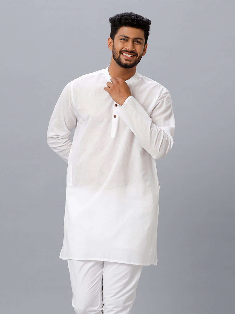 Mens Cotton White Full Sleeves Self Design Medium Length Kurta RD16-Front view