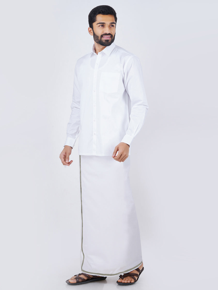 Mens Cotton White Full Sleeve Shirt with Silver Jari 1/2" Dhoti Combo Silvertone-Side view