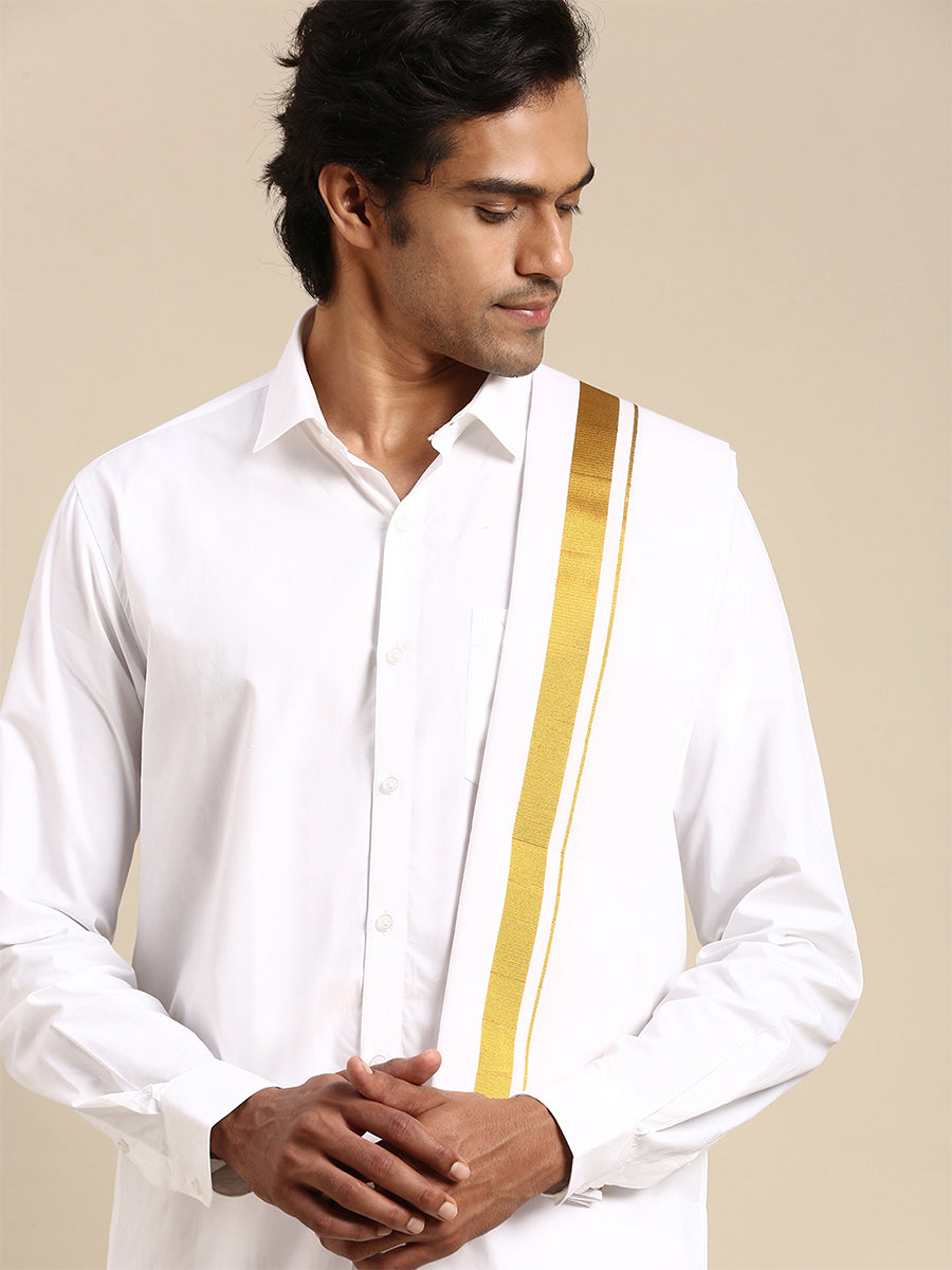 Mens Wedding Set White Regular 3/4" Gold Jari Dhoti, Shirt & Towel-Front view