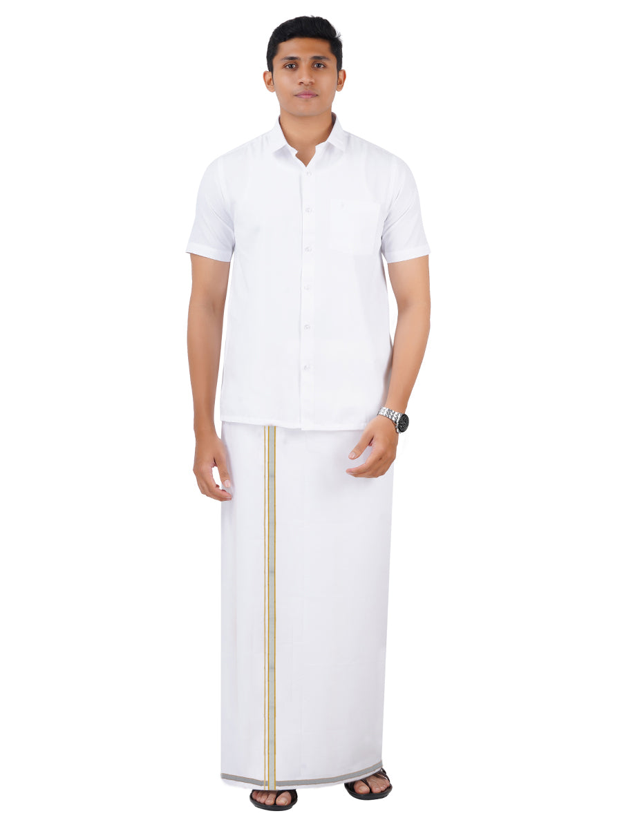 Mens Double Dhoti White with Fancy Border Garland 408J-Full view