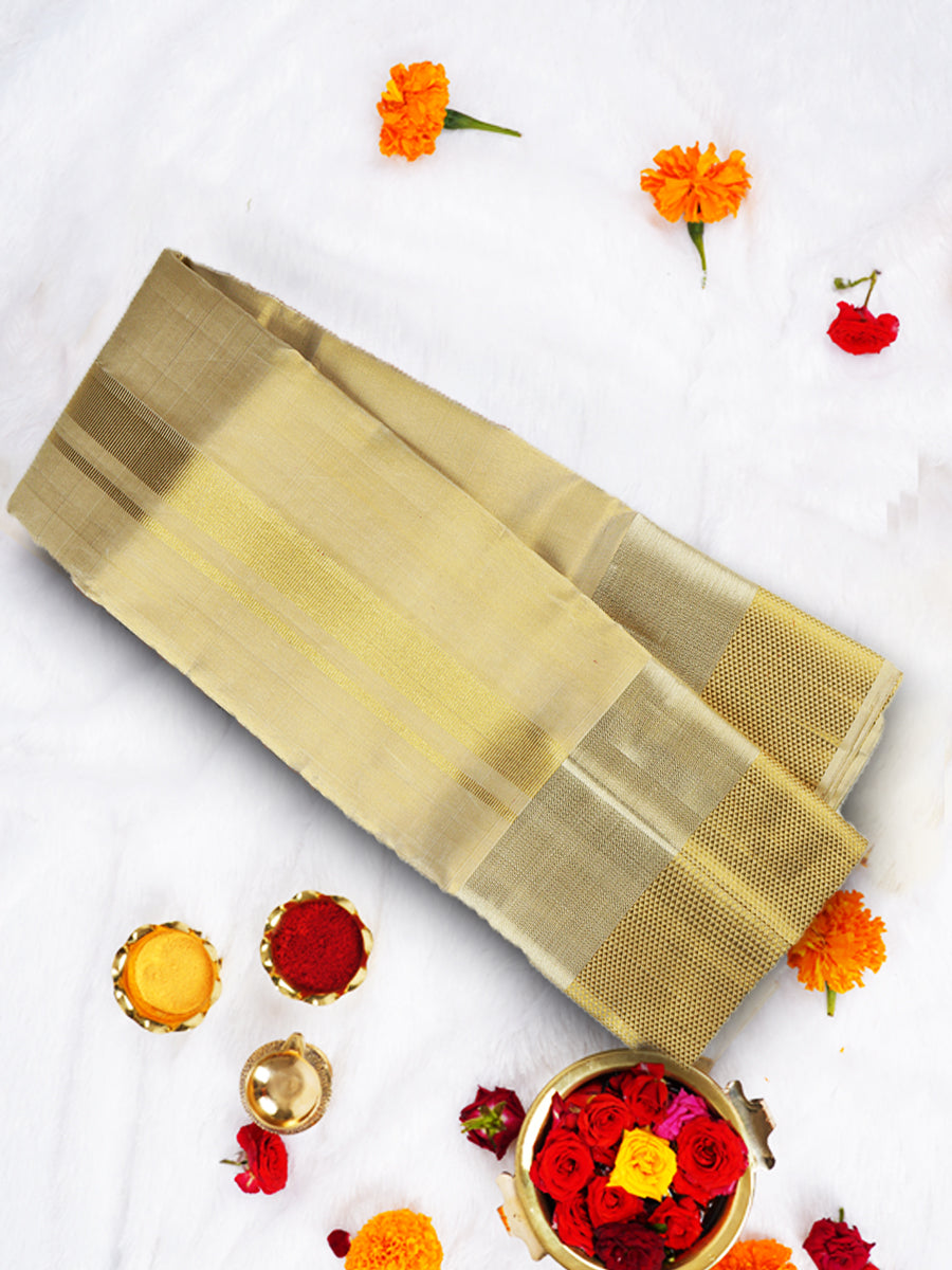 Premium Pure Silk Tissue Dhoti 7 1/2" Gold Jari Border Klasam-View one