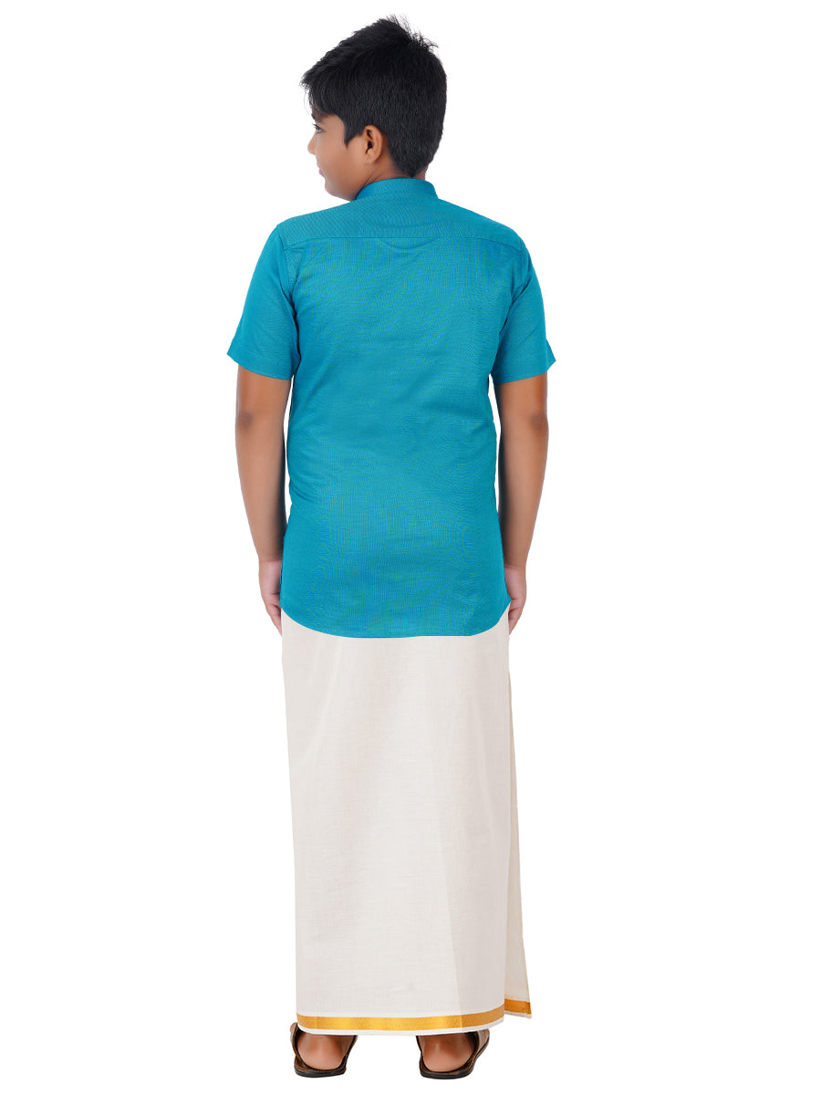 Boys Giza Cotton Shirt & White Dhoti Set Blue GL15-Back view