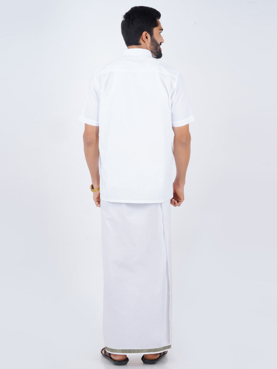 White Half Sleeve Shirt with Silver Jari 3/4" Dhoti Combo Silver Storm