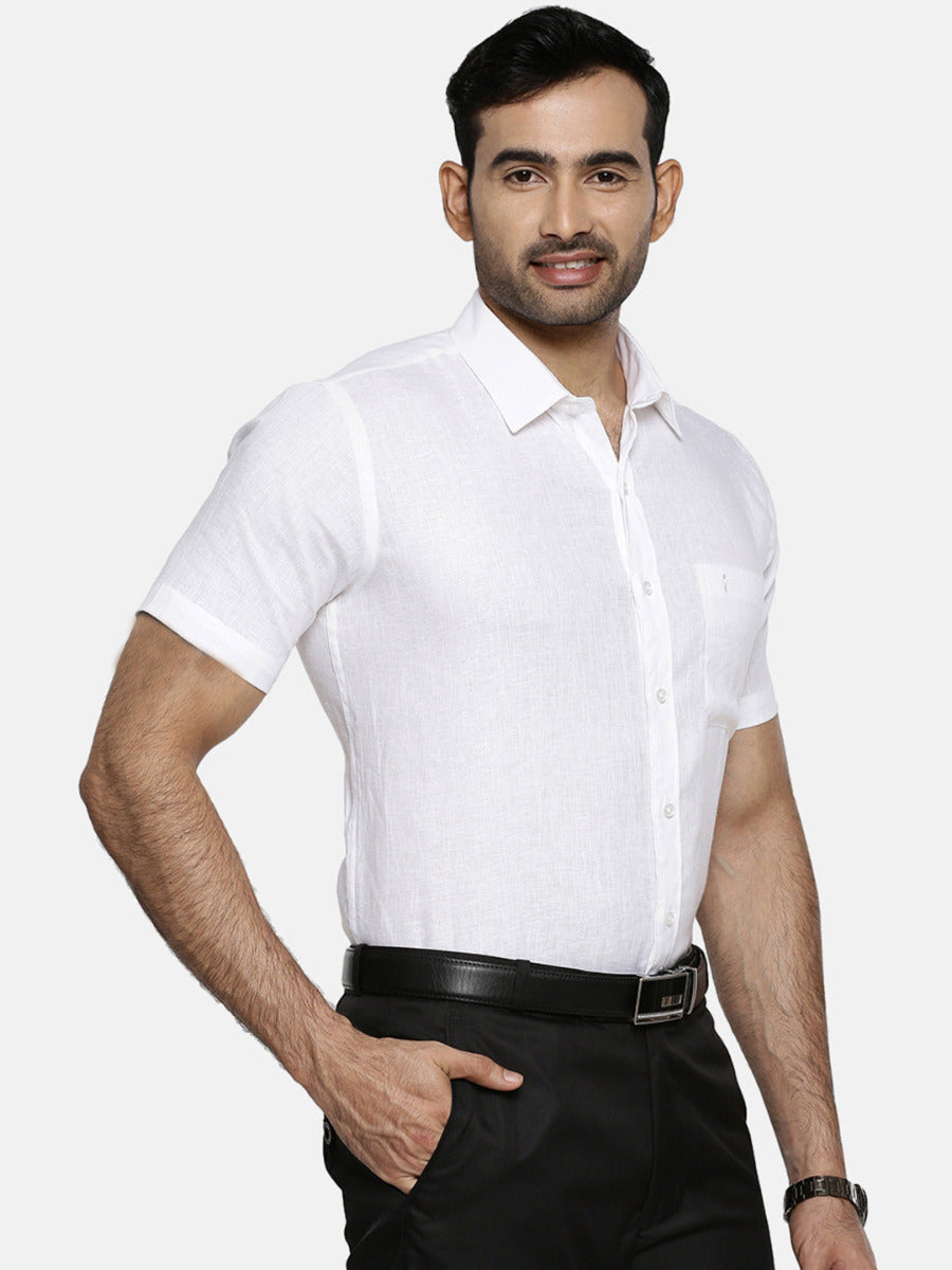 Mens Uniform Pure Linen White Shirt Half Sleeves-Side view