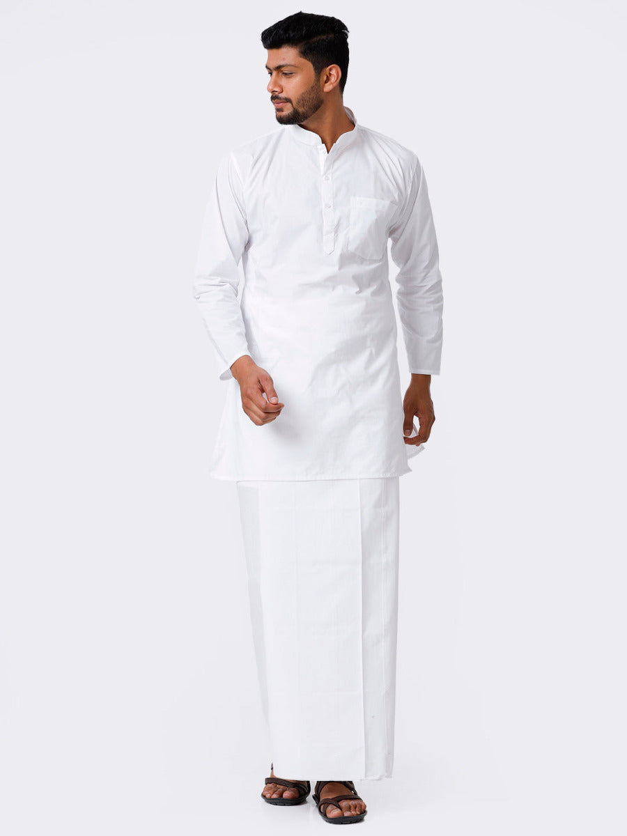 Mens Cotton Full Sleeve White Medium Kurta Top with Stitched Prayer Dhoti Combo Al Mashoor