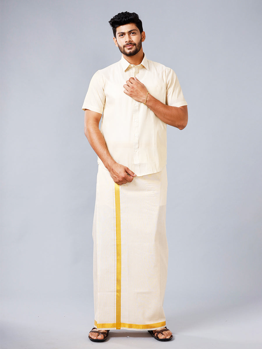 Mens Tissue Half Sleeve Shirt with 1 1/2 " Jari Dhoti Set Sankalpam-Full view