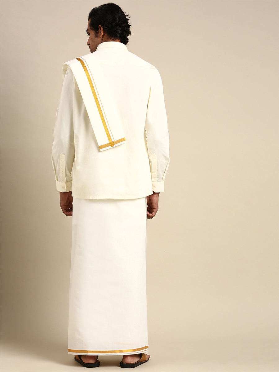Mens Full Sleeves Cream Shirt with Gold Jari 1/2" Double Dhoti,Towel & Belt Combo-Back view
