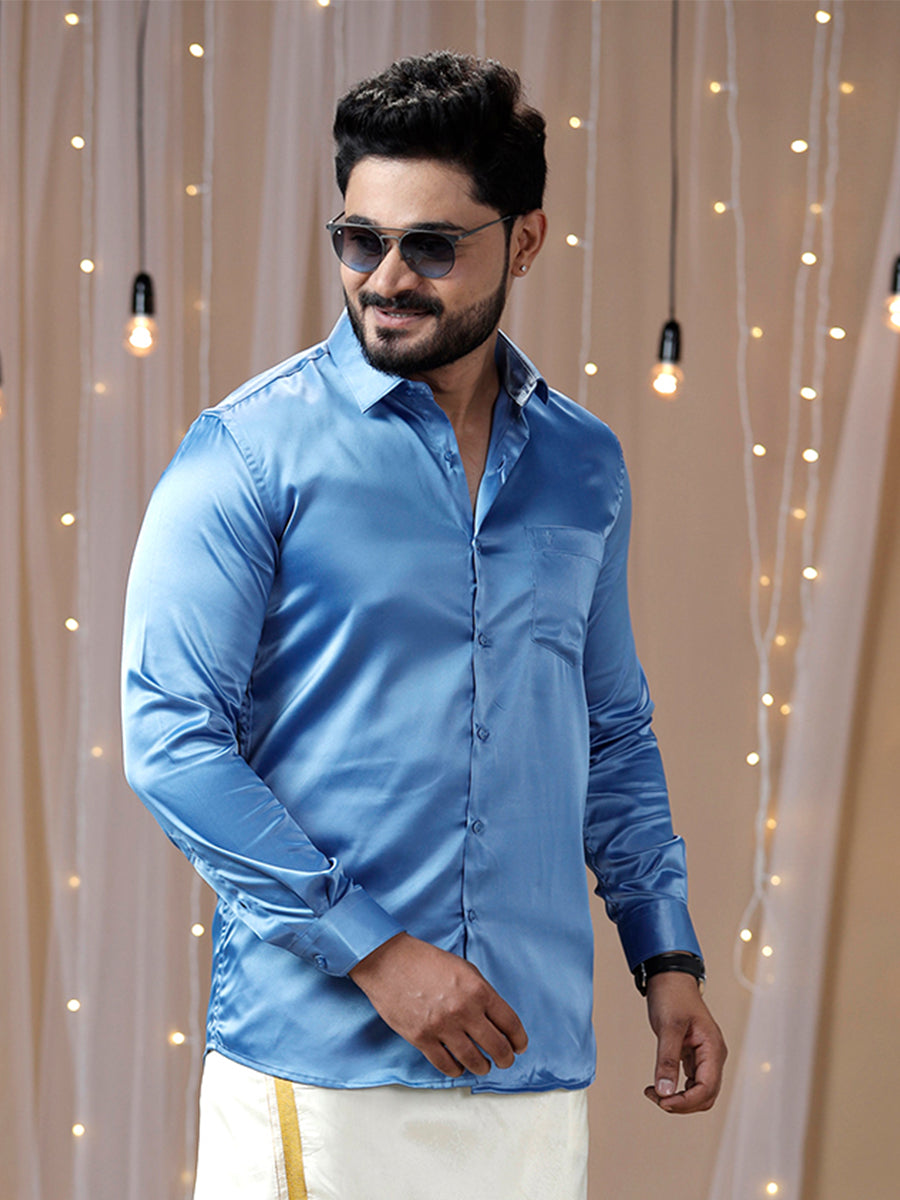 Mens Party Wear Sky Blue Full Sleeves Colour Shirt PSS6-Side view