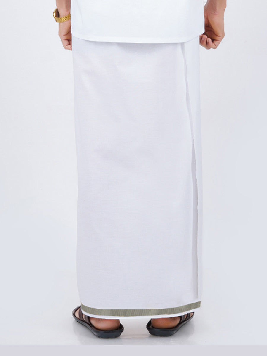 Mens White Dhoti with Silver Jari Border 3/4" Silvertone-Back view