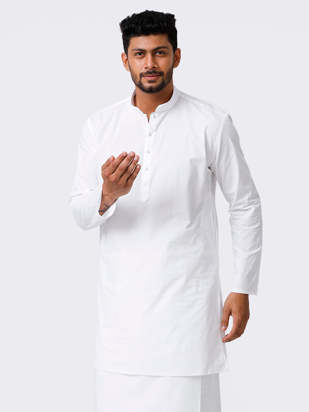 Mens Cotton Solid Full Sleeve White Medium Length Kurta-Front view