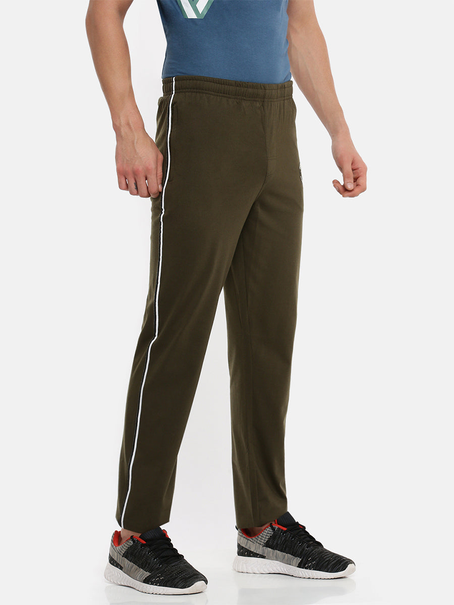 Combed Cotton Olive Green Comfort Fit Trackpants with Zipper Pockets-Side view