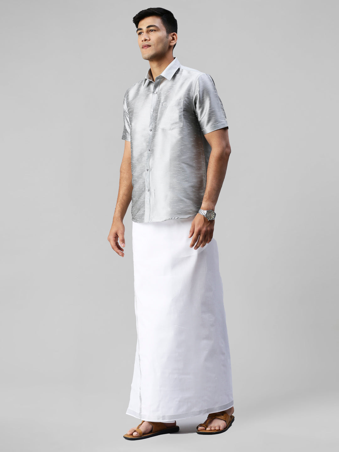 Mens Silver Half Sleeves Shirt with Jari Dhoti Set Glory-Side view