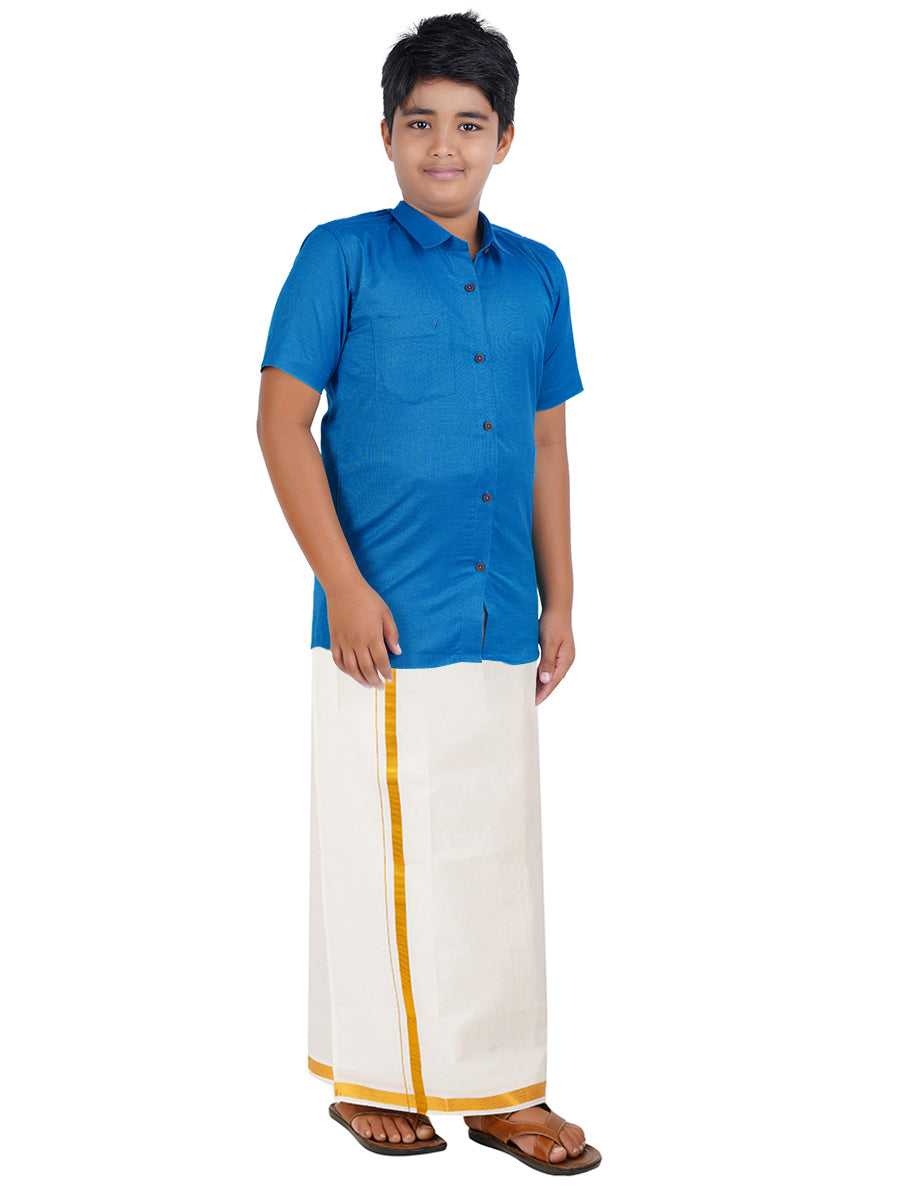 Boys Giza Cotton Shirt & White Dhoti Set Blue GL5