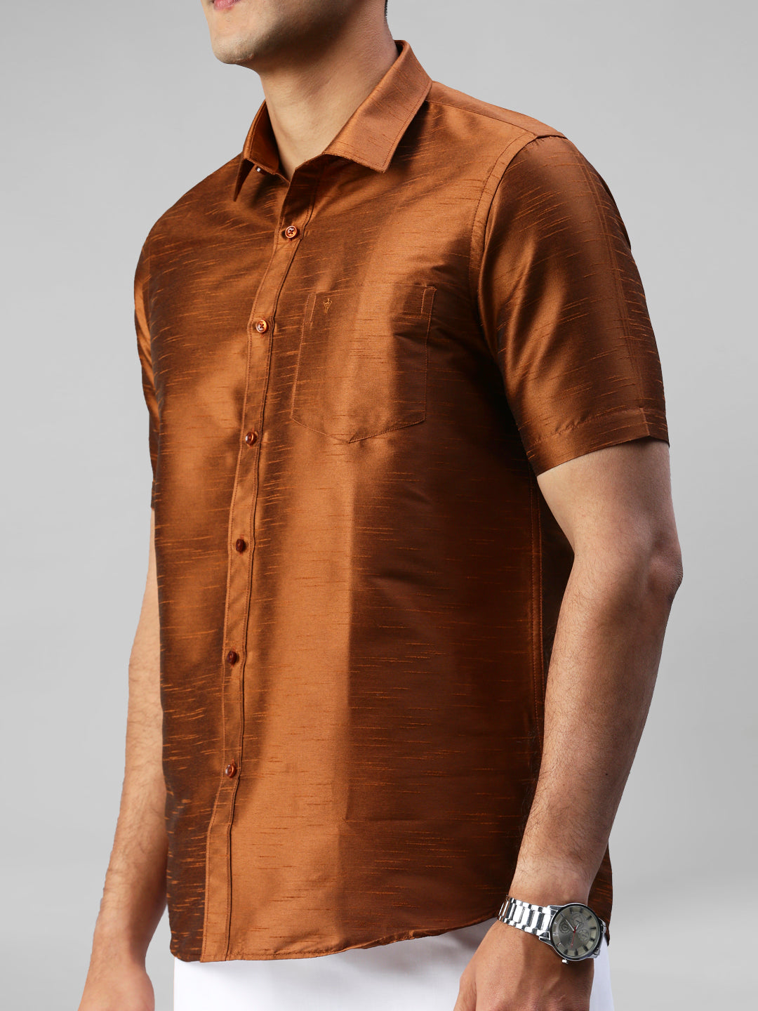 Mens Copper Half Sleeves Shirt with Jari Dhoti Set Glory-Close view