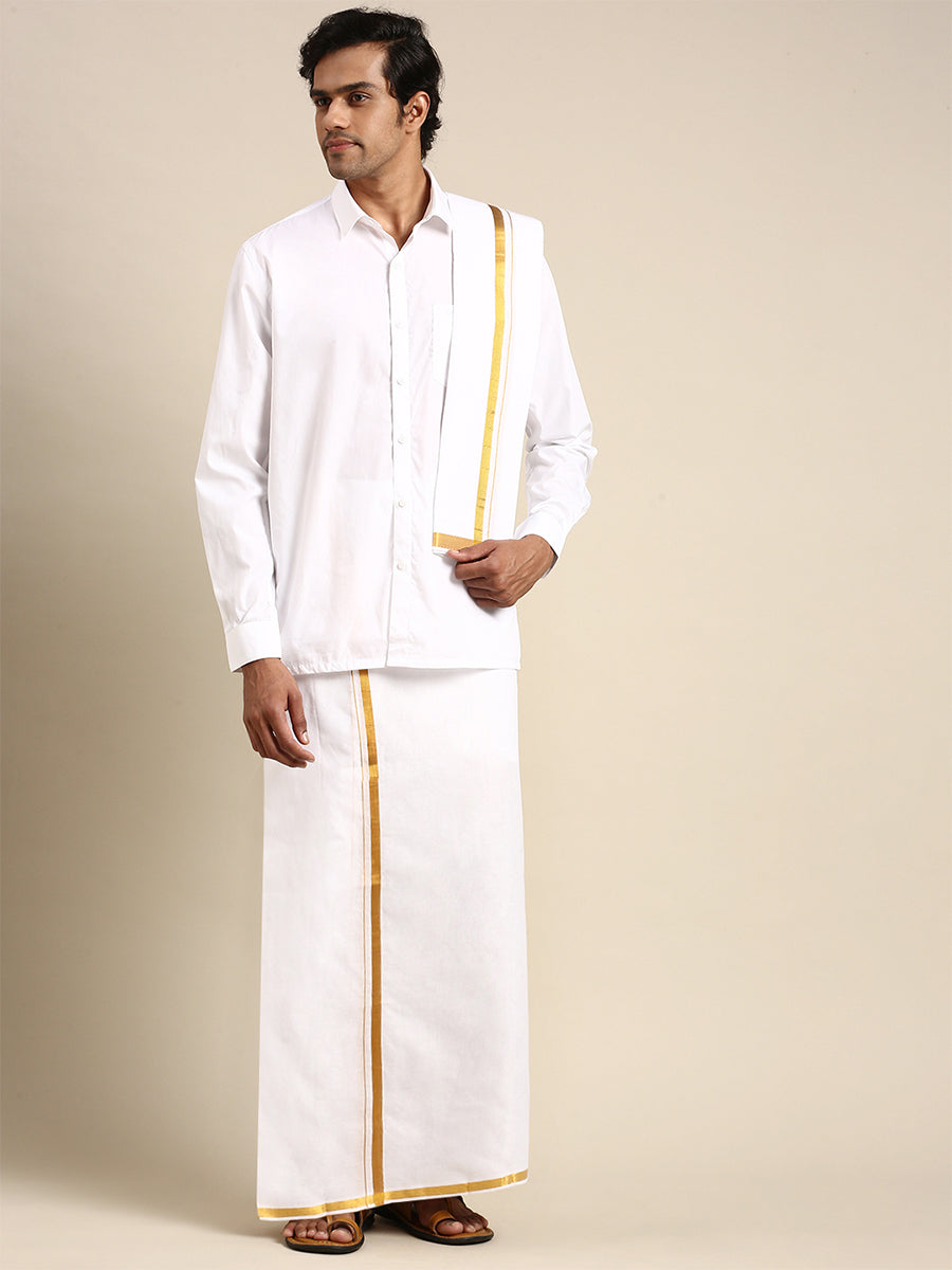 Mens Combo Set White Dhoti,Shirt Bit&Towel 1/2" Gold Jari Vaisant