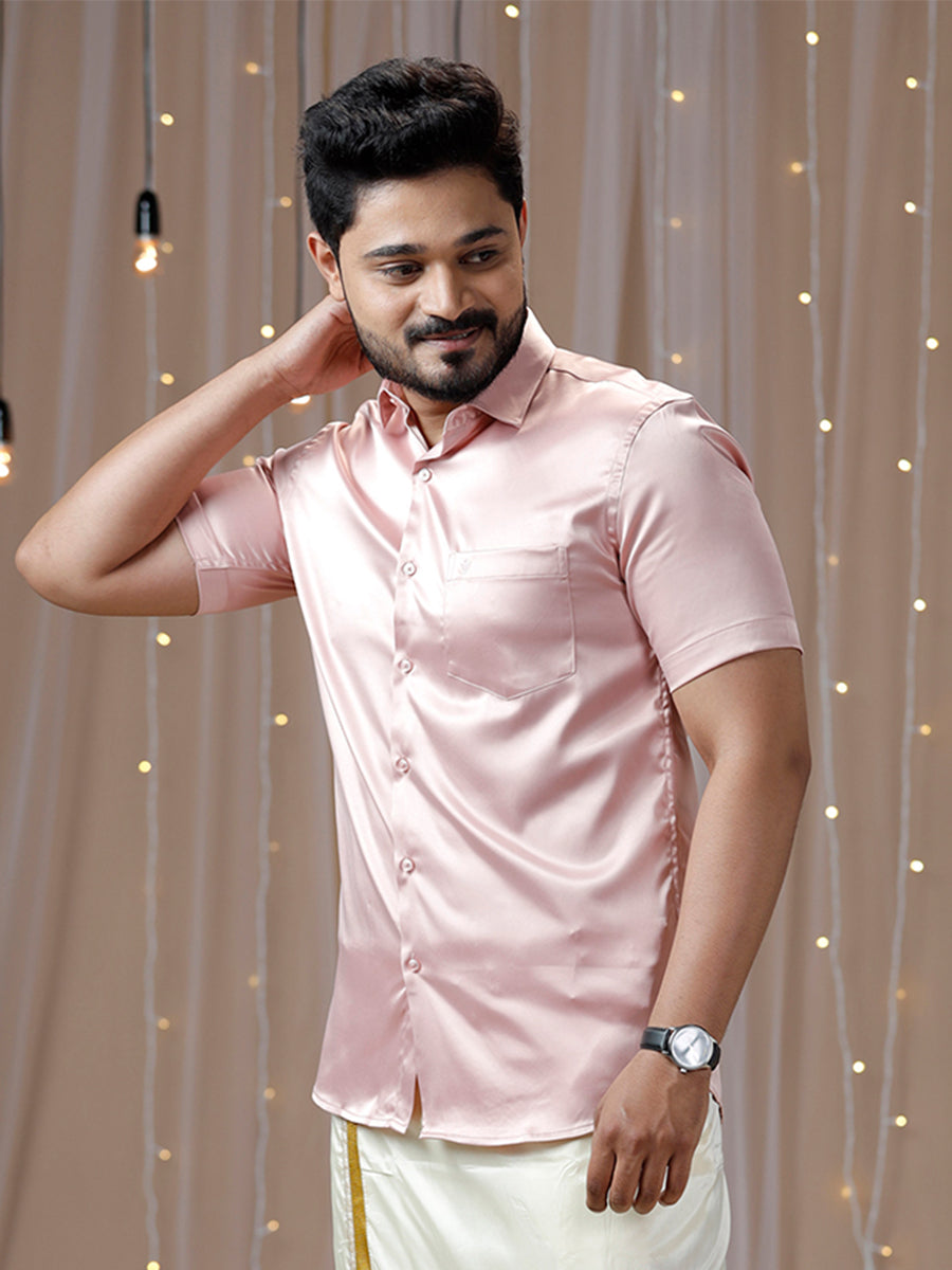 Mens Party Wear Pink Half Sleeves Colour Shirt PS9-Side view