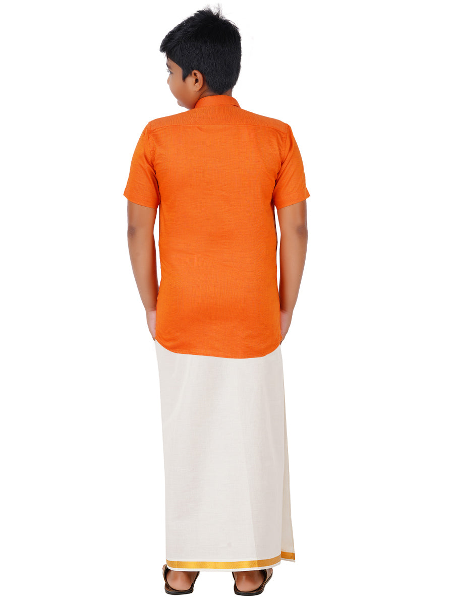Boys Giza Cotton Shirt & White Dhoti Set Orange GL1-Back view