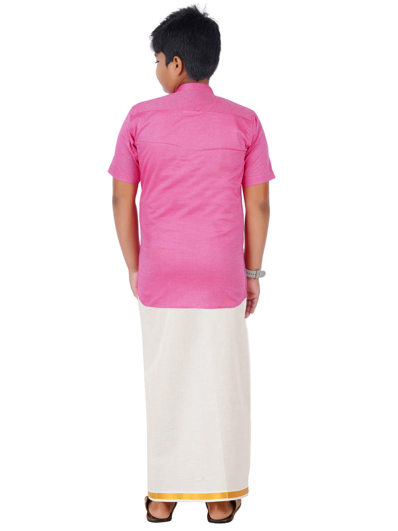 Boys Giza Cotton Shirt & White Dhoti Set Pink GL4