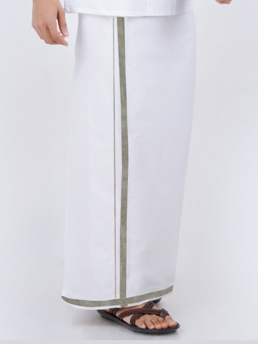 Mens White Dhoti with Silver Jari Border 3/4" Silvertone-Side view