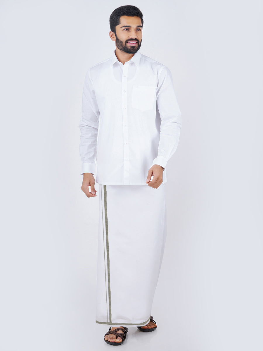 White Full Sleeve Shirt with Silver Jari 1/2" Dhoti Combo Silver Storm