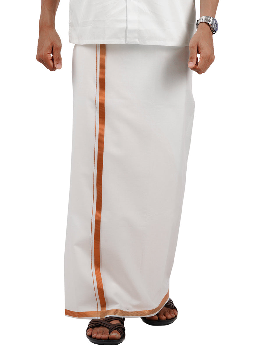 Mens Single White Dhoti with  3/4" Copper Jari-Front view