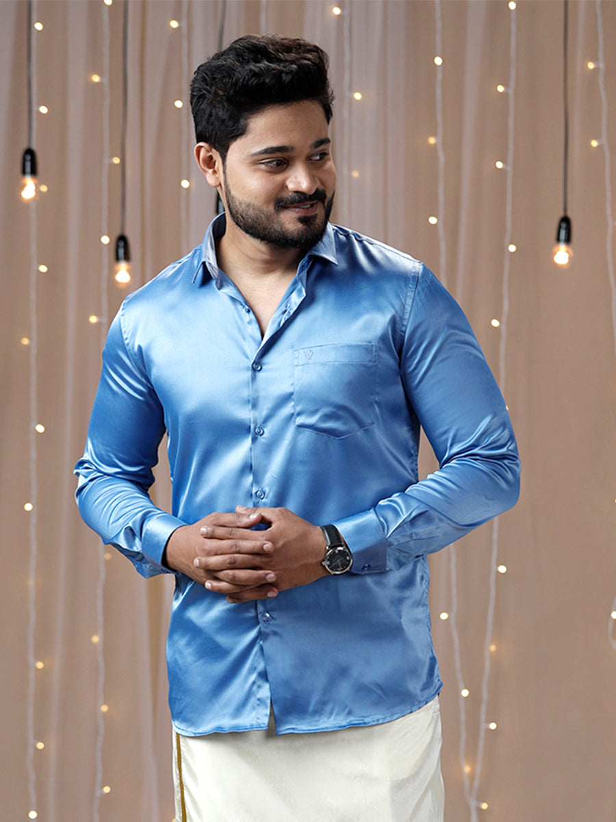 Mens Party Wear Sky Blue Full Sleeves Colour Shirt PSS6-Front view