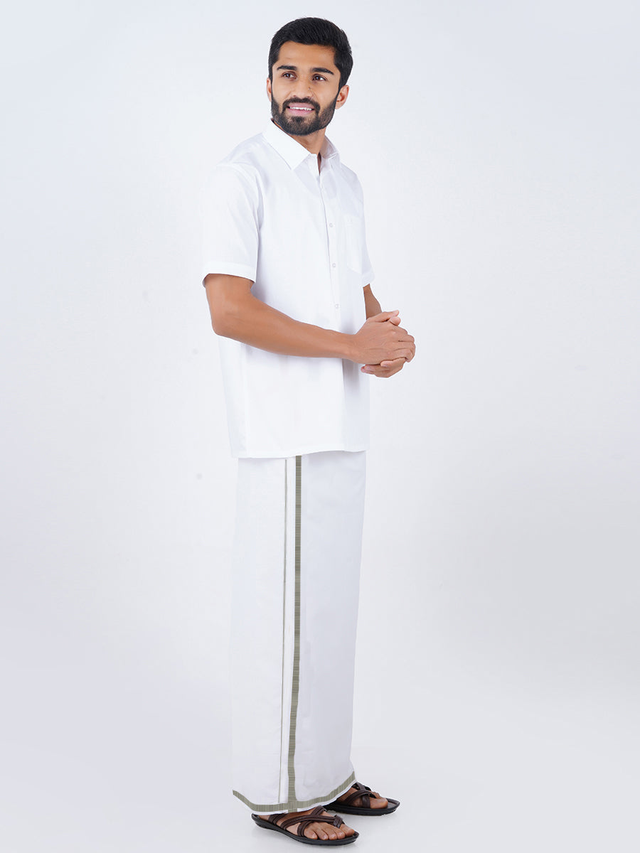 Mens Cotton White Half Sleeve Shirt with Silver Jari 1/2" Dhoti Combo Silvertone-Side view