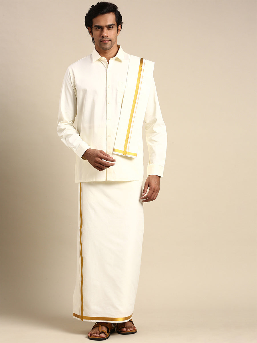 Premium Wedding Cream Regular Dhoti, Shirt & Towel Set Arathi 3/4"-Front view