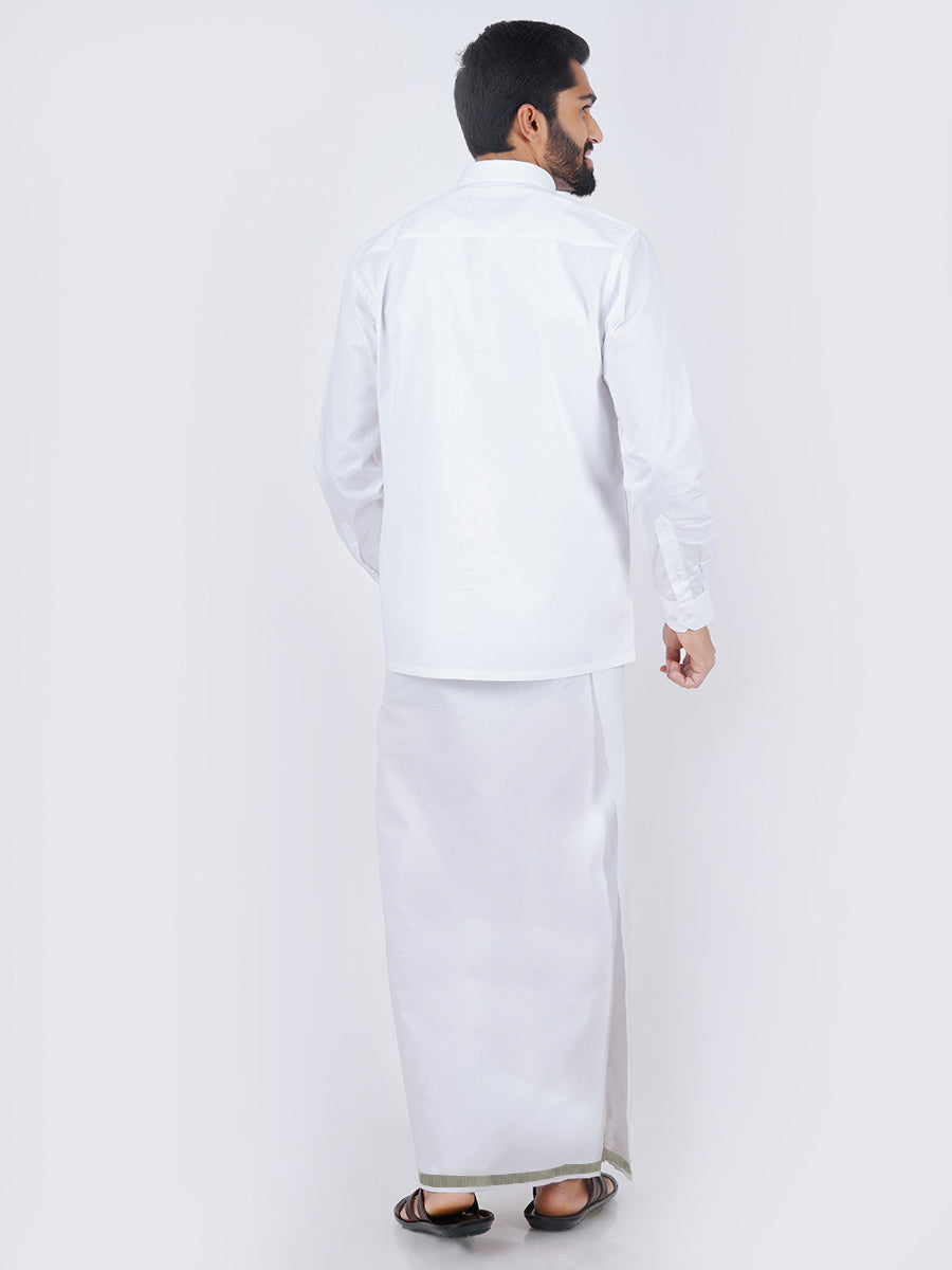 White Full Sleeve Shirt with Silver Jari 3/4" Dhoti Combo Silver Storm