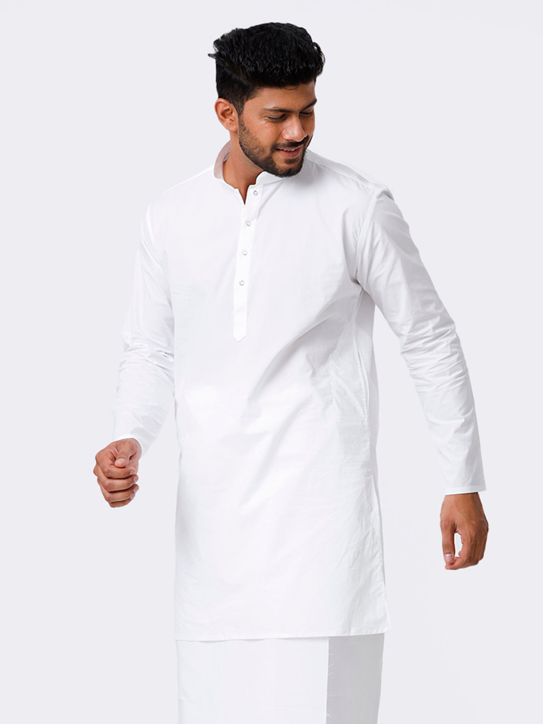 Mens Cotton Solid Full Sleeve White Medium Length Kurta-Side view