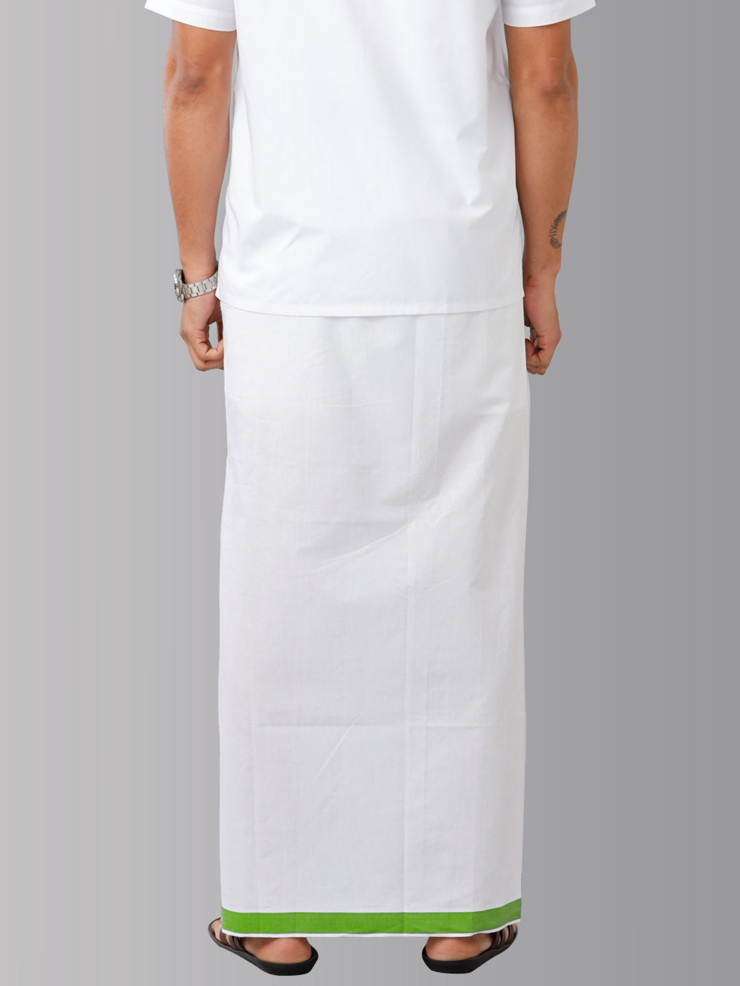 Men Green Fancy Border Readymade Adjustable Double Dhoti White