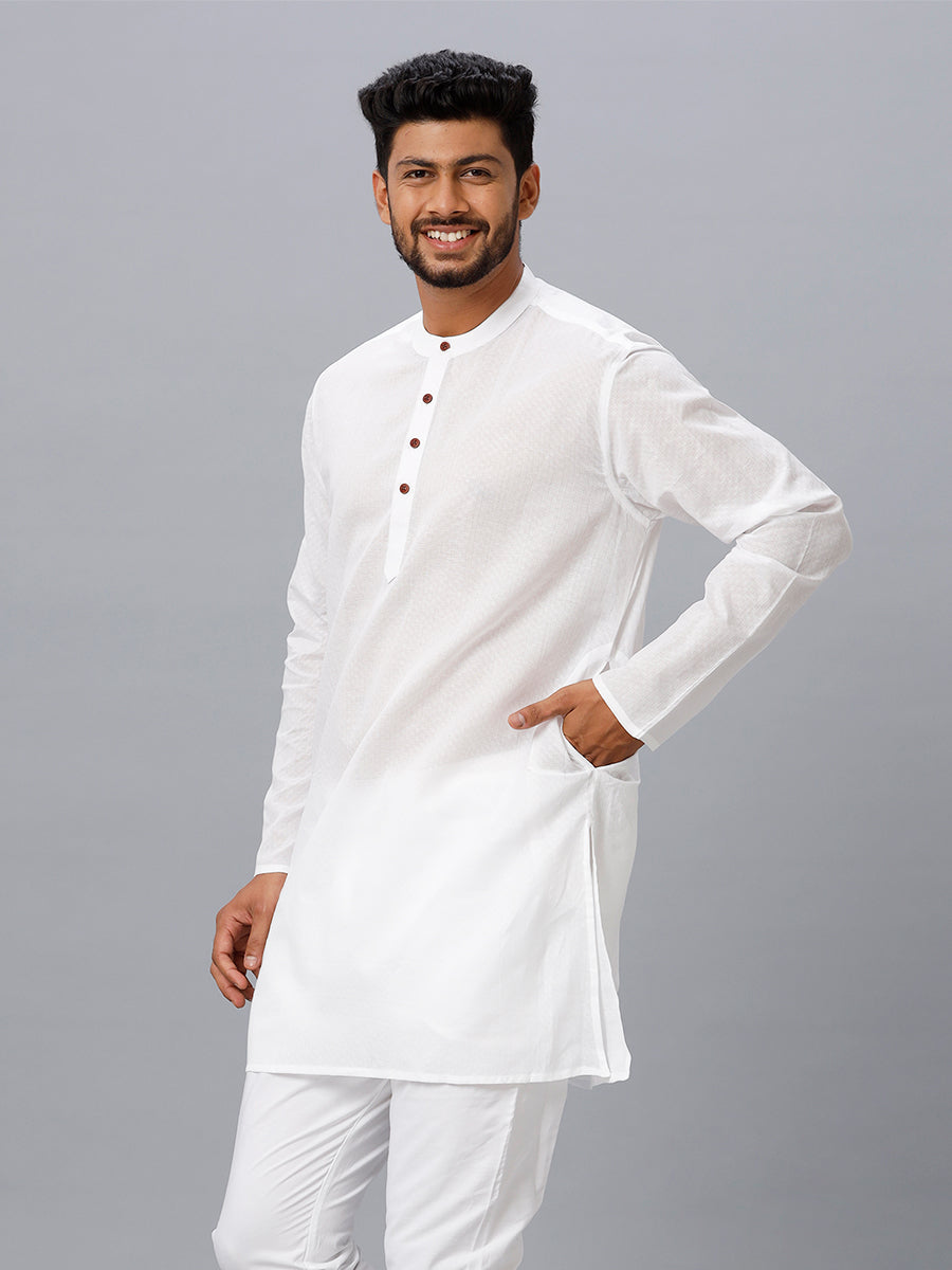 Mens Cotton White Full Sleeves Self Design Medium Length Kurta RD16-Side view